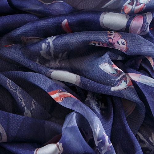 Шифон шелковый 068-12508 фиолетово-синий принтованный