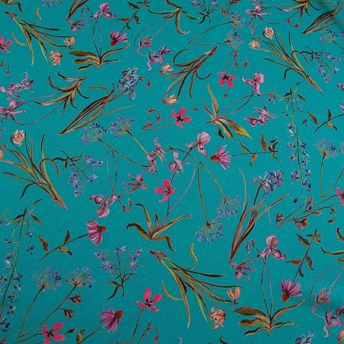 Креп-шифон шелковый 027-19150 бирюзовый принтованный